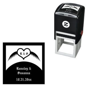 Carimbo Auto Entintado Monograma Personalizado De Coração Alado Com Casam