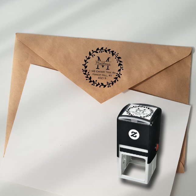 Carimbo Auto Entintado Monograma Personalizado de Trendy Floral Wreath (Criador carregado)