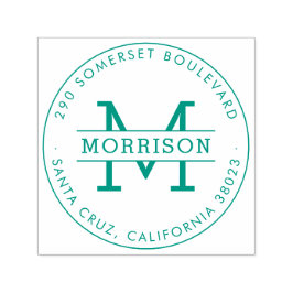 Carimbo Auto Entintado Monograma Verde e Nome da Família Redonda Endereço