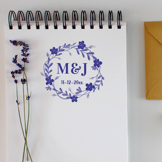 Carimbo Auto Entintado Monogramas Personalizados e Coroa Floral com Data  (Criador carregado)