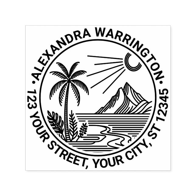 Carimbo Auto Entintado Montanha Árvore Palmeira Praia Nome Endereço de Re (Design)