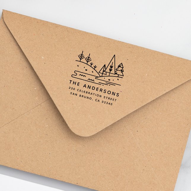 Carimbo Auto Entintado Montanhas, Árvores e Nome da Família Lake Endereço (Criador carregado)