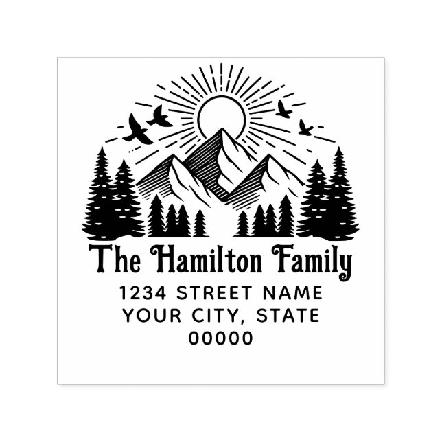 Carimbo Auto Entintado Montanhas Elegantes Árvores Sol Pássaros #2 Nome E (Design)