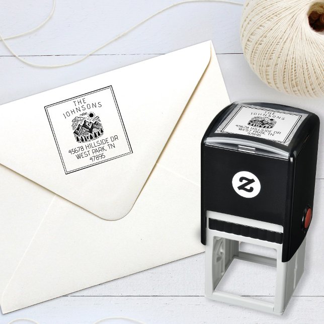 Carimbo Auto Entintado Montanhas Rústicas Modernas Personalizadas (Modern Rustic Mountains Self Inking Return Address Stamp)
