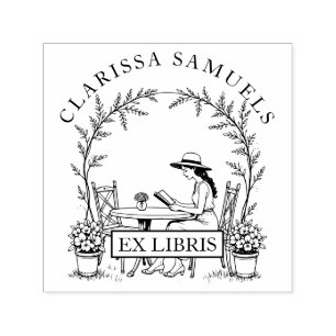 Carimbo Auto Entintado Mulher Lendo Flores De Mesa De Jardim Que Ex Libri