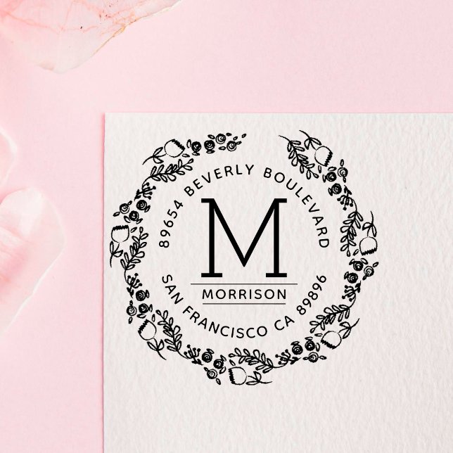 Carimbo Auto Entintado Na moda Fuchsia Endereço de Retorno de Wreath dese (Criador carregado)