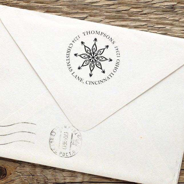 Carimbo Auto Entintado Natal Feriado de inverno Simples Floco de Neve Bon (Whimsical simple winter snowflake design with circle text typography. )