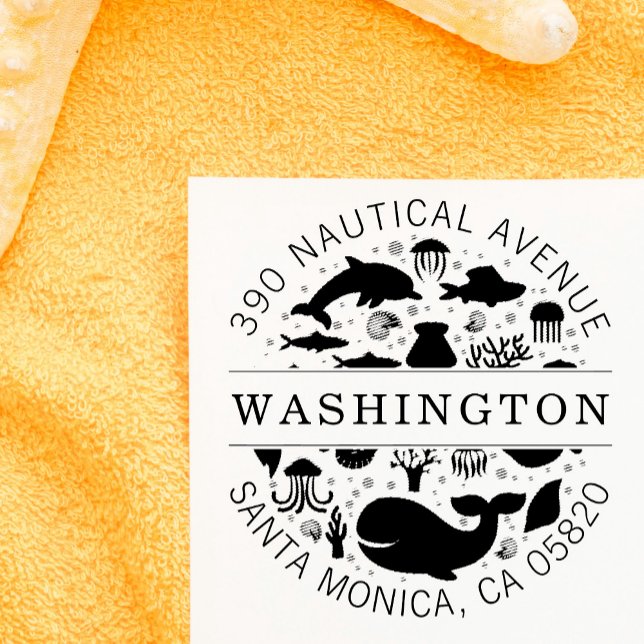 Carimbo Auto Entintado Nome da família de animais marinhos azuis Endereço (Criador carregado)