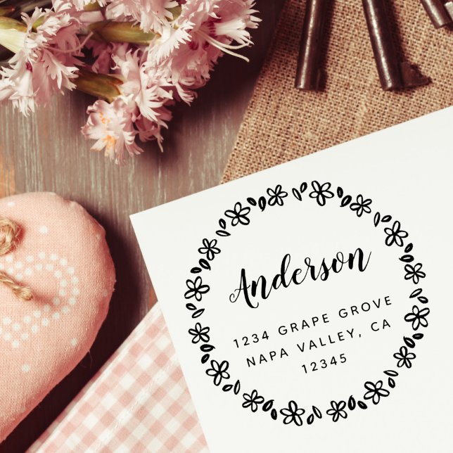 Carimbo Auto Entintado Nome da família de script Floral Wreath Endereço d (Criador carregado)