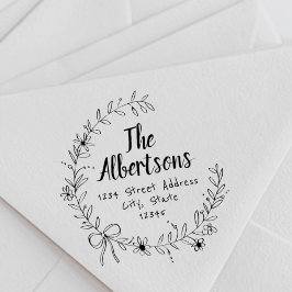 Carimbo Auto Entintado Nome da família Floral Ribbon Wreath Endereço de d