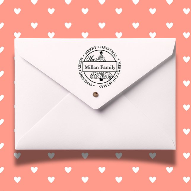 Carimbo Auto Entintado Nome da família Tema da árvore de Natal Candy (Personalize your holiday cards and gifts with a Family Name Candy Christmas Tree Self-inking Stamp. )