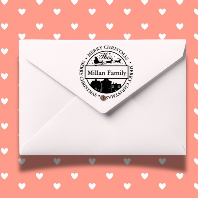 Carimbo Auto Entintado Nome da família Tema de Papais noeis de Natal Feli (Personalize your holiday cards with a Merry Christmas Santa self-inking stamp )