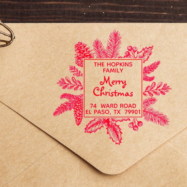 Carimbo Auto Entintado Nome da Família Wreath na Praça de Natal Endereço  (Criador carregado)