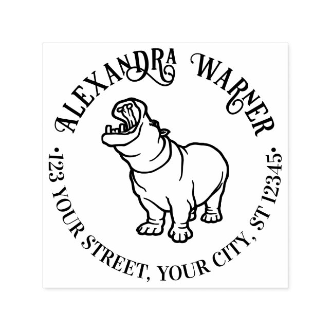 Carimbo Auto Entintado Nome de Arte de Linha do Hippopotamus nº 2 Endereç (Design)