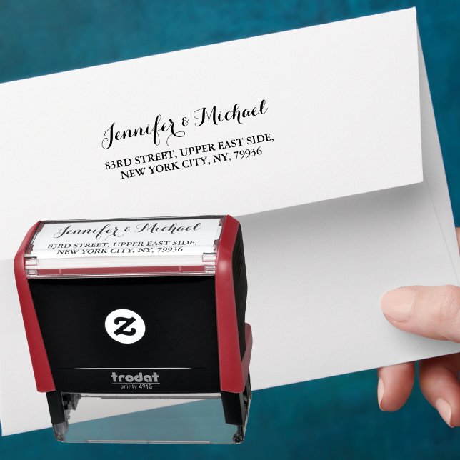Carimbo Auto Entintado Nome do Casal de Script Elegante Endereço de Devol (Elegant Script Couple Name Weddings Return Address Self-inking Stamp)