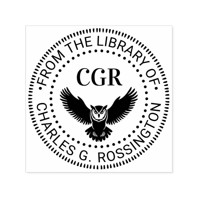 Carimbo Auto Entintado Owl in Flight Front View Library Book Name (Design)