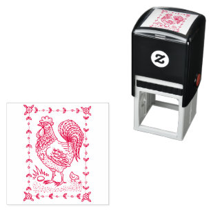 CARIMBO AUTO ENTINTADO PAÍS ROOSTER, OVOS E PINTINHO FOLK ART BORDER