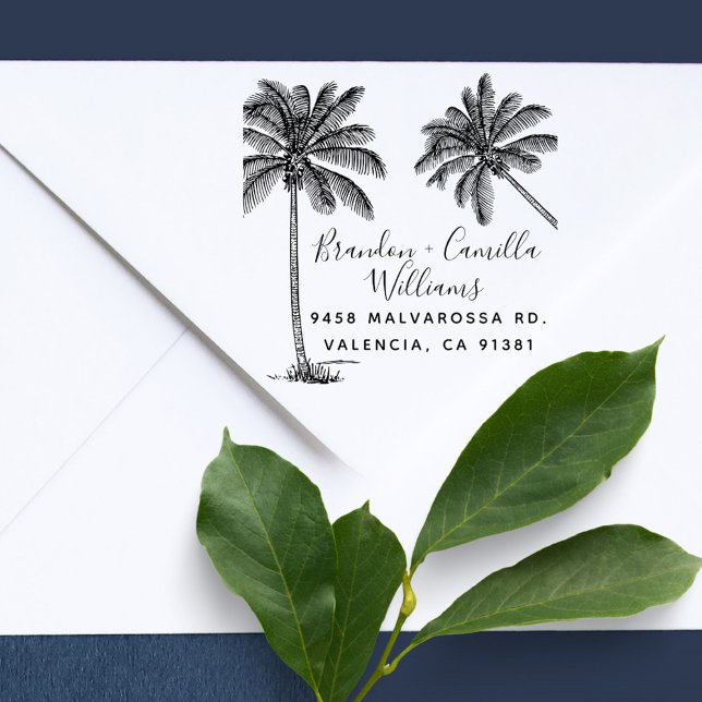 Carimbo Auto Entintado Palmeiras tropicais Morada de devolução de Casais  (elegant handwriting tropical palm tree married couple return address stamp)