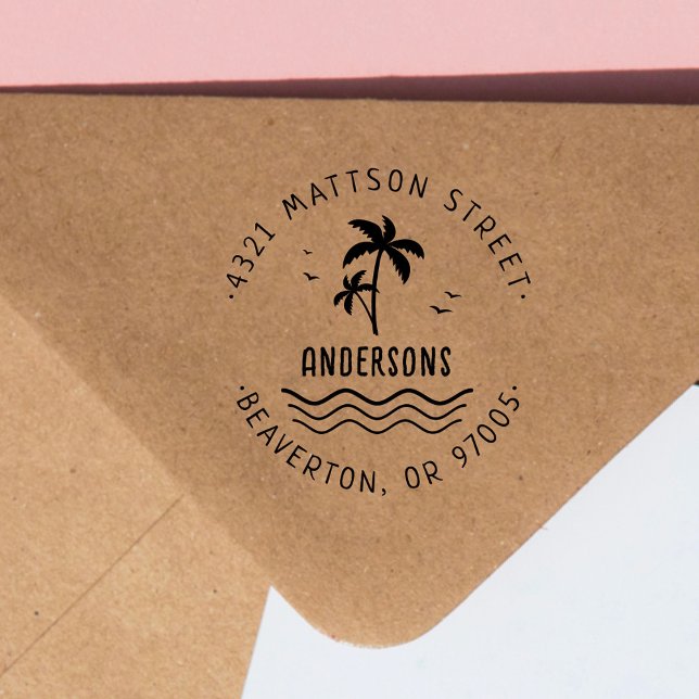 Carimbo Auto Entintado Palms-Tree Tropical Manuscrito Endereço de Retorno (Criador carregado)