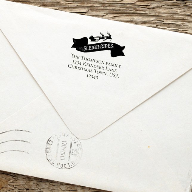 Carimbo Auto Entintado Papai Noel retorna seu endereço natalício (Christmas santa and reindeer sleight rides return address self inking stamp.)