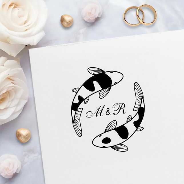 Carimbo Auto Entintado Par de Peixes Koi Japoneses Monograma de Casamento (Criador carregado)