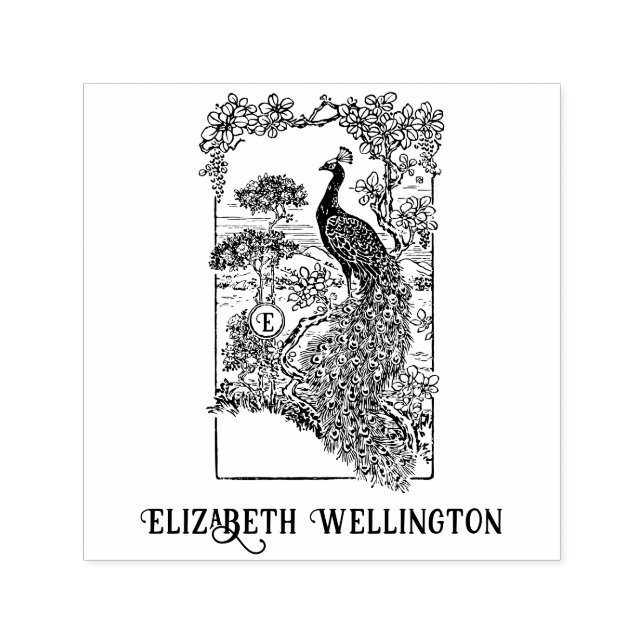 Carimbo Auto Entintado Pavão Elegante em Nome do Jardim Inicial (Design)