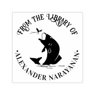 Carimbo Auto Entintado Peixe saltando para o Janto "Da biblioteca de" Nom