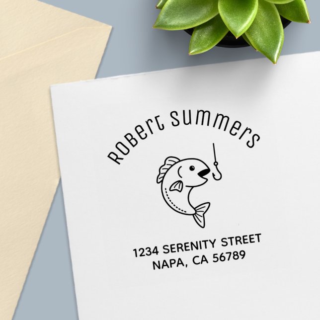 Carimbo Auto Entintado Pescando com Isca Gancho de Pesca Endereço do Arco (Criador carregado)