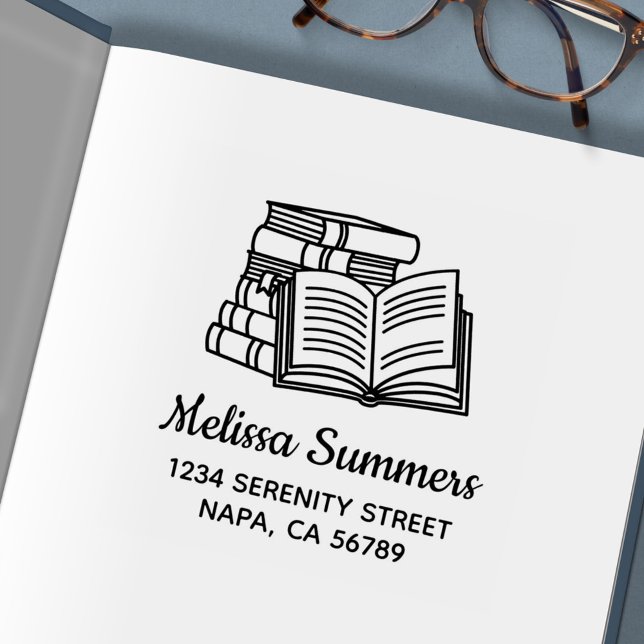 Carimbo Auto Entintado Pilha de Livros e Endereço Aberto do Livro (Criador carregado)