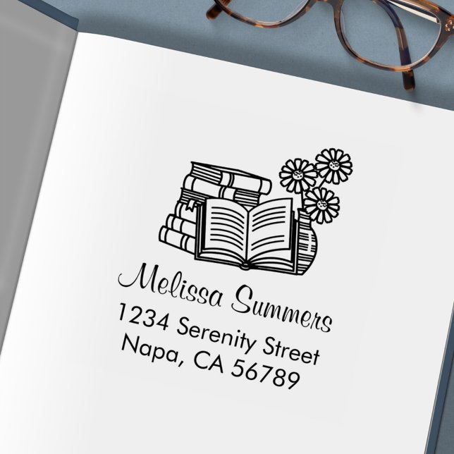 Carimbo Auto Entintado Pilha de Livros, Livro Aberto, Flores - Endereço (Criador carregado)
