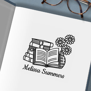 Carimbo Auto Entintado Pilha de Livros, Livro Aberto, Flores - Placa