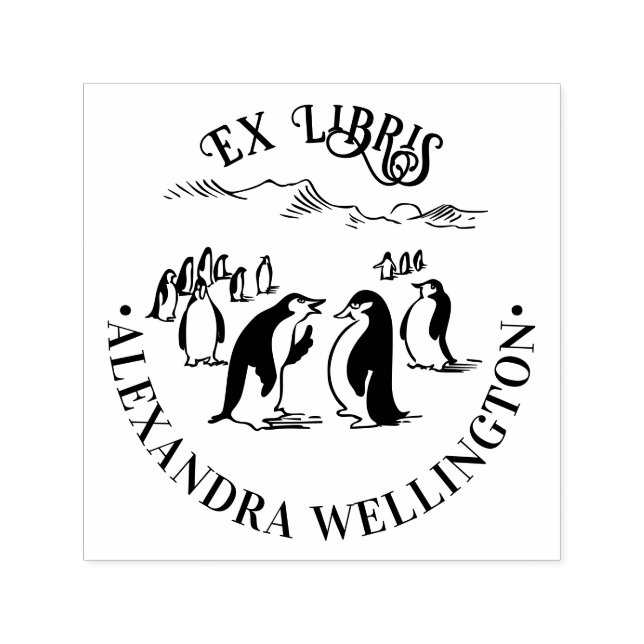 Carimbo Auto Entintado Pinguins Ex Libris Nome do Livro #1 Redondo (Design)