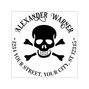 Carimbo Auto Entintado Pirata Caveira e Crossbones Nome Endereço de Retor
