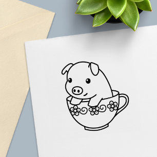 Carimbo Auto Entintado Porco de Leitão Bonito num Teacup