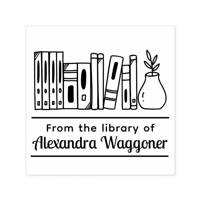 Carimbo Auto Entintado Prateleira de Livros com Planta "Da Biblioteca de" (Design)