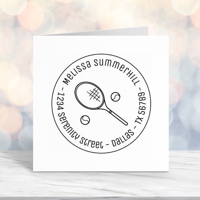 Carimbo Auto Entintado Racquet Racket e Balls Endereço redondo de tênis (Criador carregado)