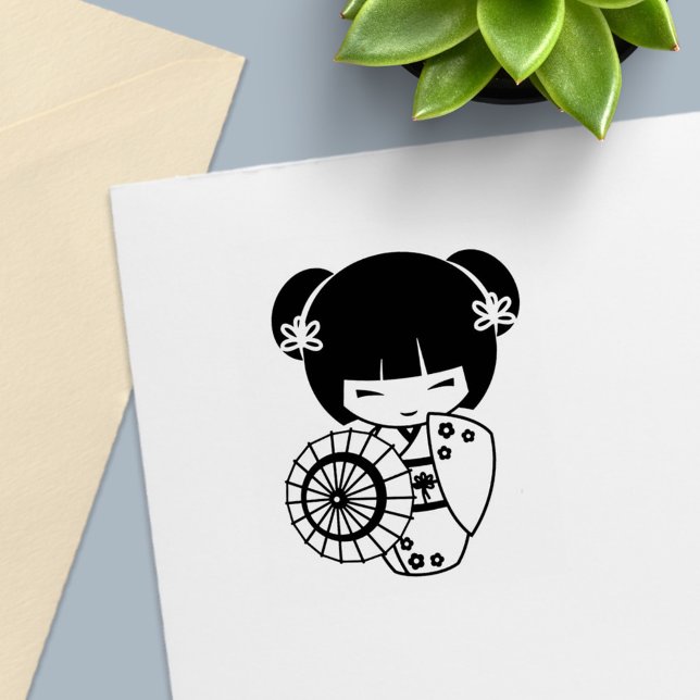 Carimbo Auto Entintado Rapariga de Guarda-chuvas Asiática em Kimono me co (Criador carregado)