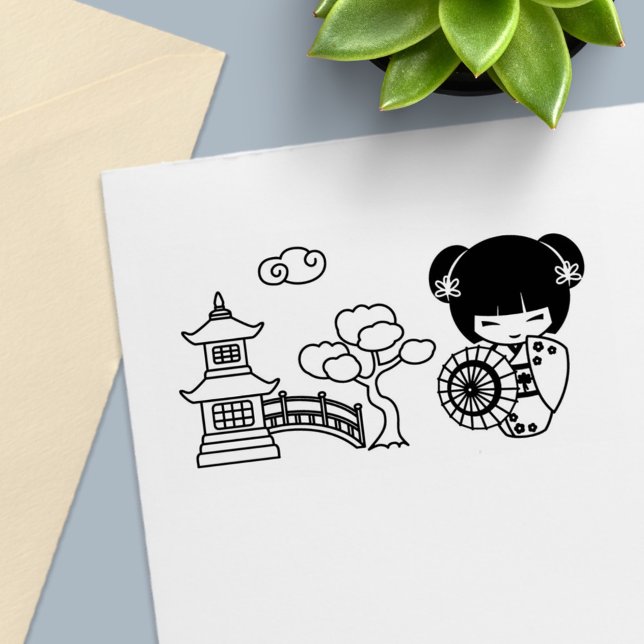 Carimbo Auto Entintado Rapariga de Guarda-chuvas Asiática em Kimono Scrib (Criador carregado)
