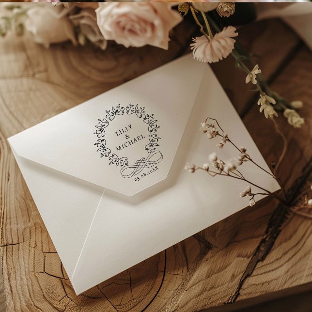 Carimbo Auto Entintado Real, Elegante, Casamento (Royal, Elegant, Wedding Rubber Stamp with your names and date.)