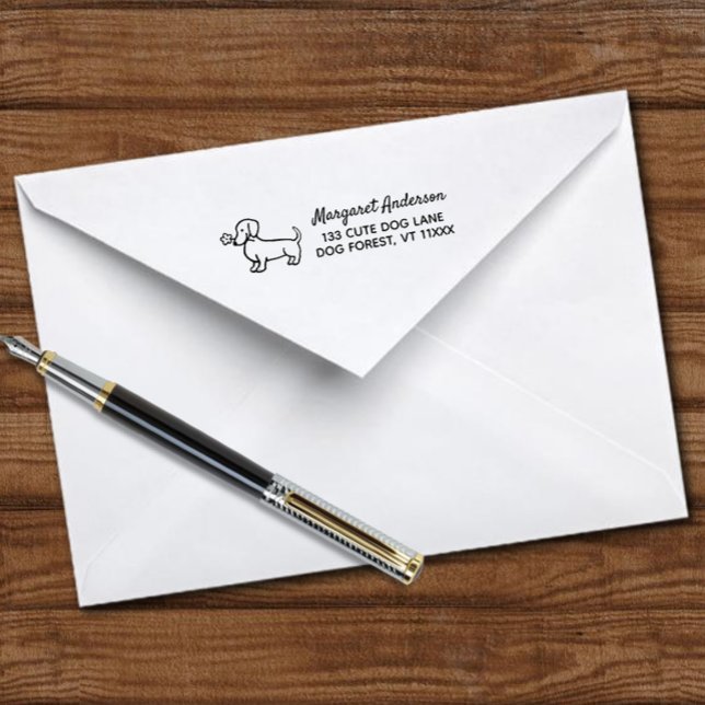 Carimbo Auto Entintado Red Smooth Dachshund Flor Pequeno Endereço de Devo (Red Smooth Hair Dachshund Tiny Flower Return Address Self-Inking Stamp featuring cute Doxie.)