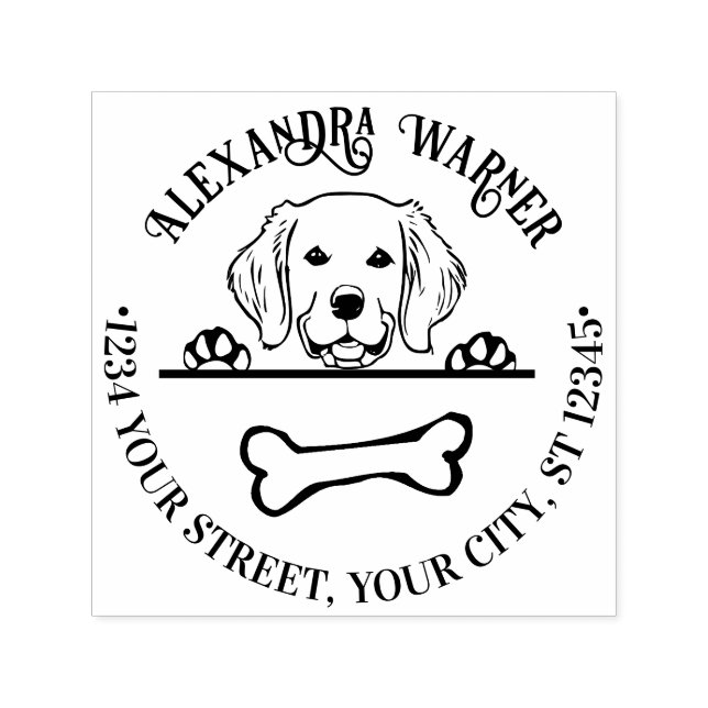 Carimbo Auto Entintado Retriever de ouro Eying Bone Name Endereço de devo (Design)