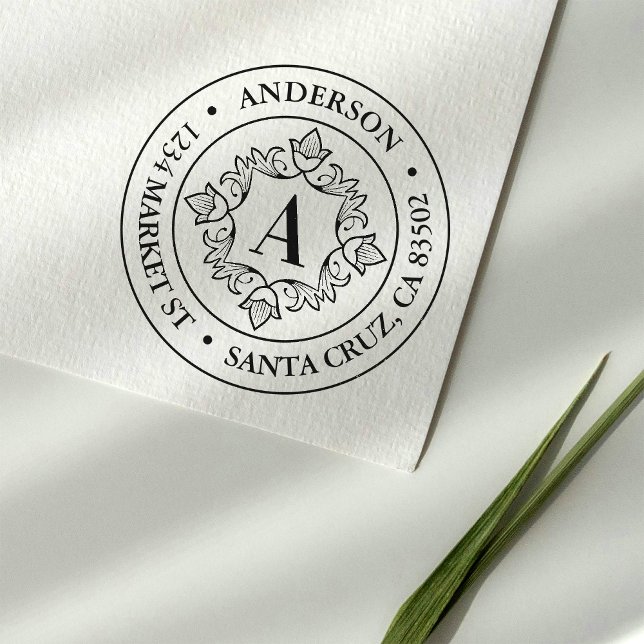 Carimbo Auto Entintado Retro Monograma Frame Round Endereço de Retorno (Criador carregado)