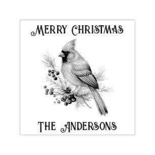 Carimbo Auto Entintado Retro Vintage - Pássaro Cardeal Feliz Natal