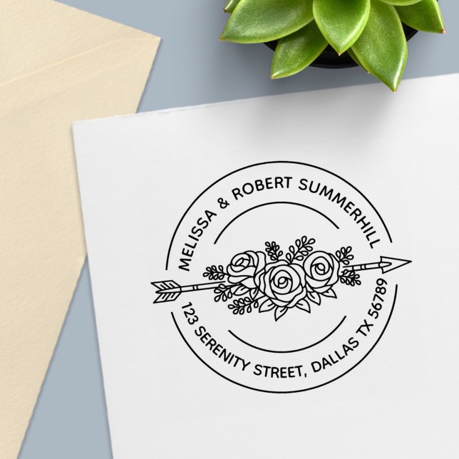 Carimbo Auto Entintado Rosa de Seta Tribal Flores Casal Endereço Redondo (Criador carregado)