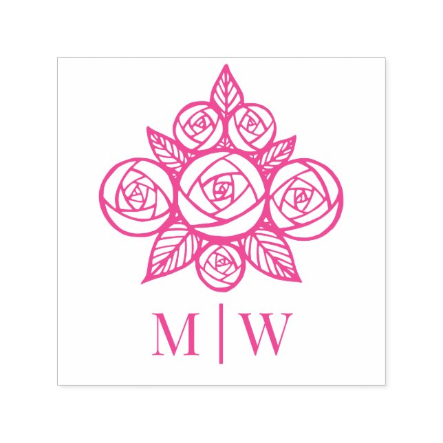 Carimbo Auto Entintado Rosas Elegantes Iniciais do Casal Floral (Design)