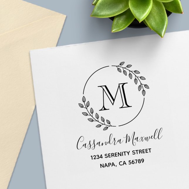 Carimbo Auto Entintado Round Wreath, Deixa Monograma 2 Endereço (Criador carregado)