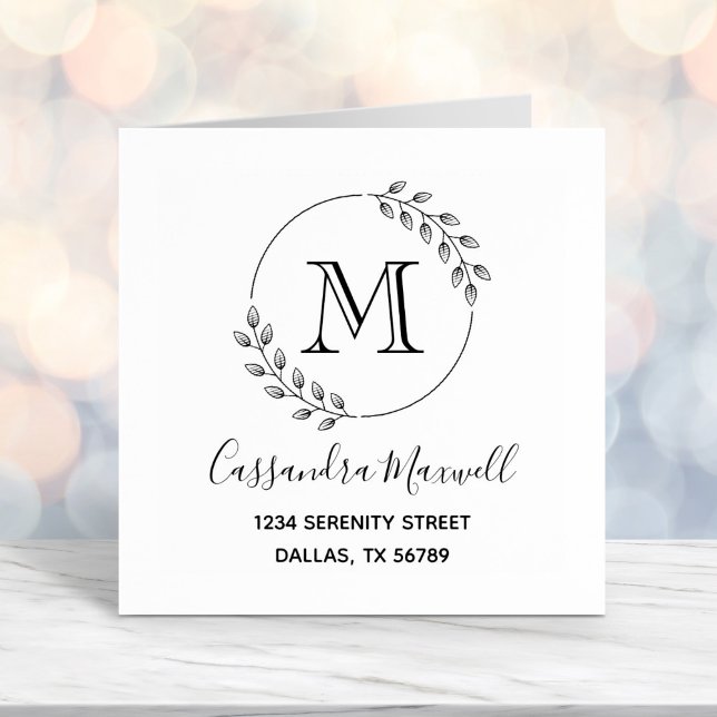 Carimbo Auto Entintado Round Wreath, Deixa Monograma 2 Endereço (Criador carregado)