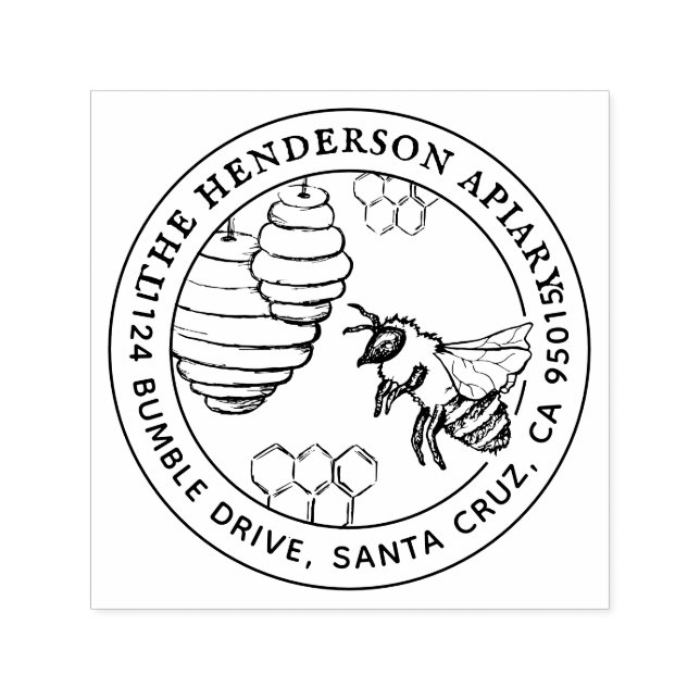 Carimbo Auto Entintado Rustic Bumblebee Hive Sketch Round Endereço de Dev (Design)