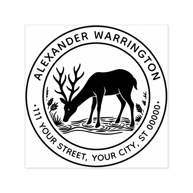 Carimbo Auto Entintado Rustic Deer Bebendo Water Family Name Date Est (Design)