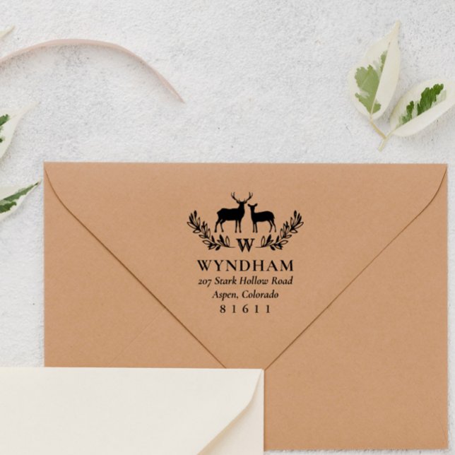 Carimbo Auto Entintado Rustic Deer Wreath Monograma Endereço (Criador carregado)